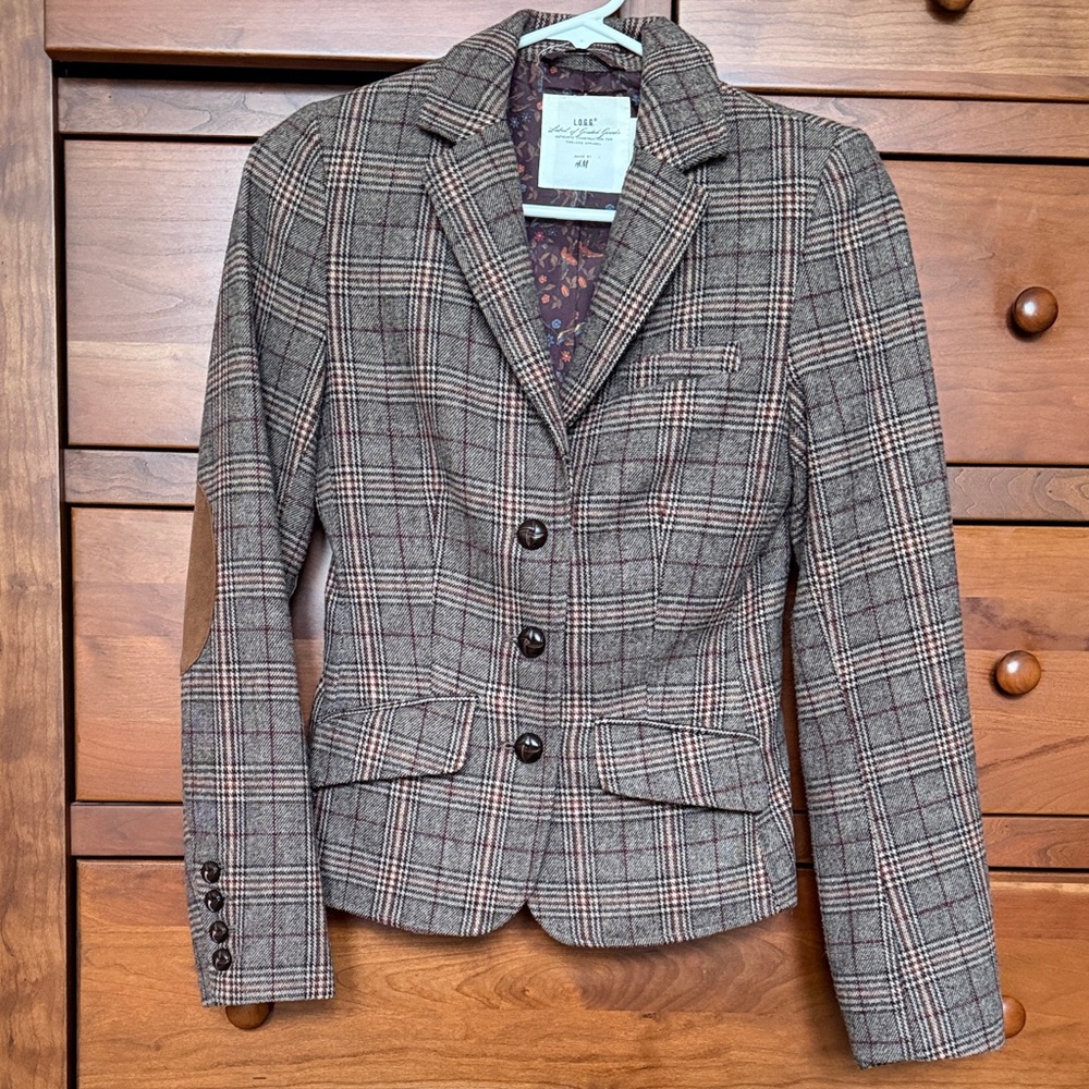 H&M Brown and Cream Plaid Tailored Jacket with Floral Lining